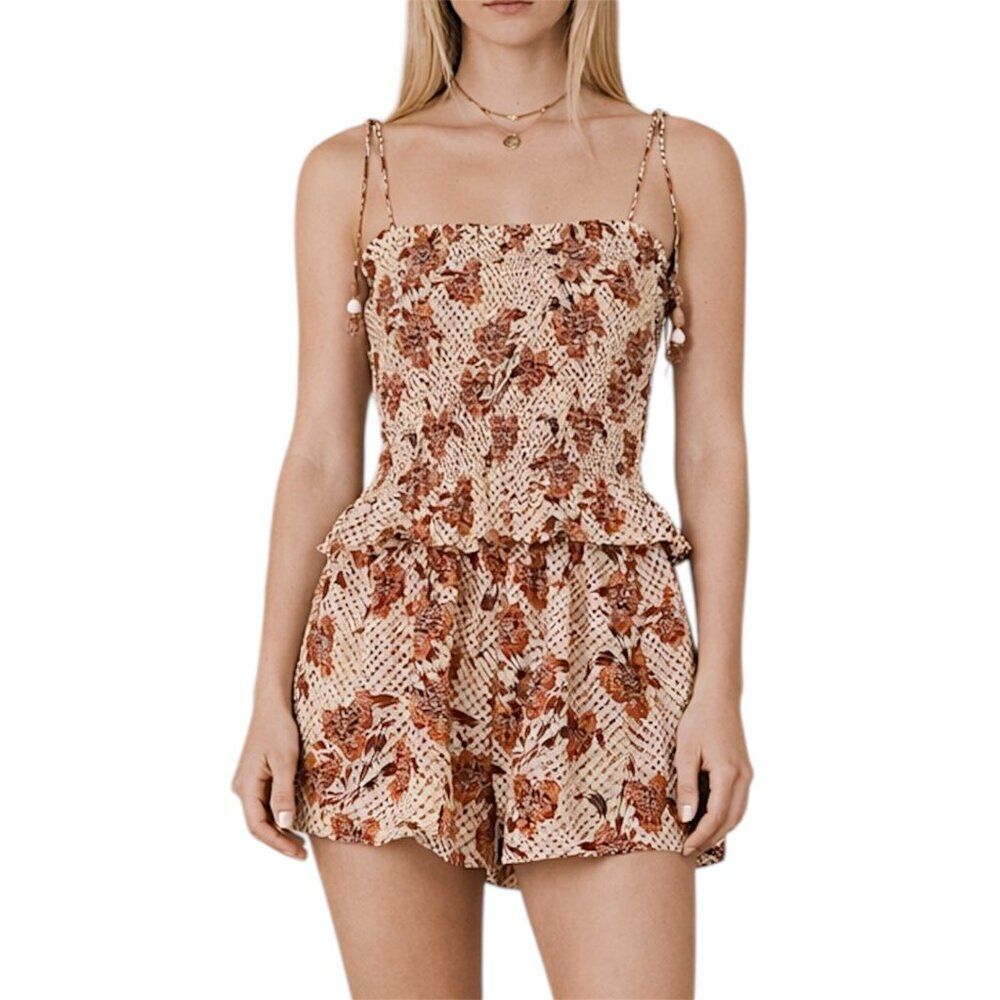 Ulla Johnson Alena Romper Cactus Floral Tan Smocked Tie Strap Size M